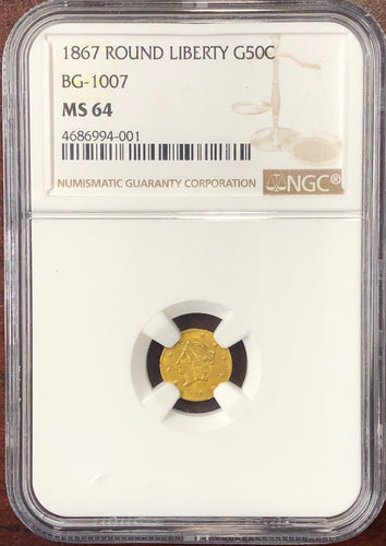 1867 Round Liberty BG-1007 NGC MS64 California Fractional Gold 