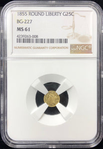 1855 California Fractional Gold BG-227 25c NGC MS 61 | California Fractionals
