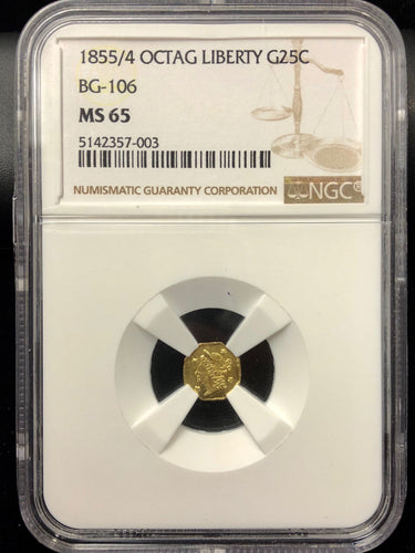 1855/4 California Fractional Gold BG-106 25c NGC MS 65