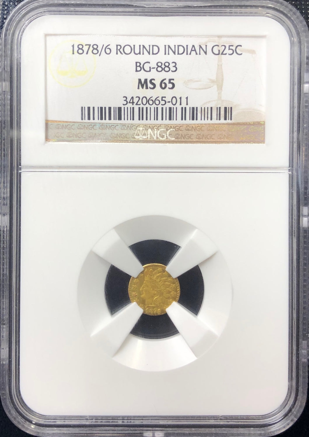 1878/6 25c Round Indian NGC MS65 BG-883 California Fractional Gold | California Fractionals