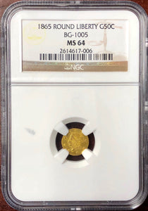 1865 California Fractional Gold coin Round Liberty 50c BG-1005 NGC MS 64